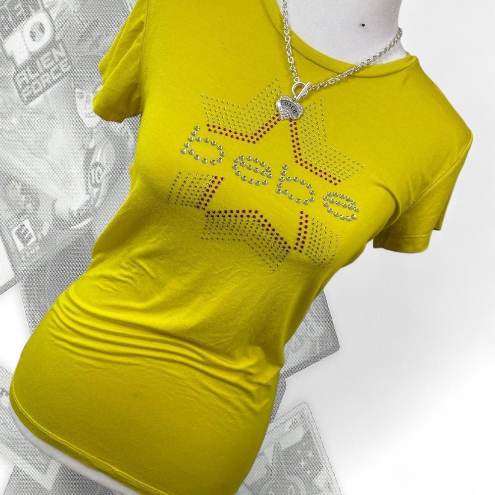 Y2K Yellow Bebe Bedazzled Gemstone /Rhinestone Star Graphic Fitted Slim Baby Top
